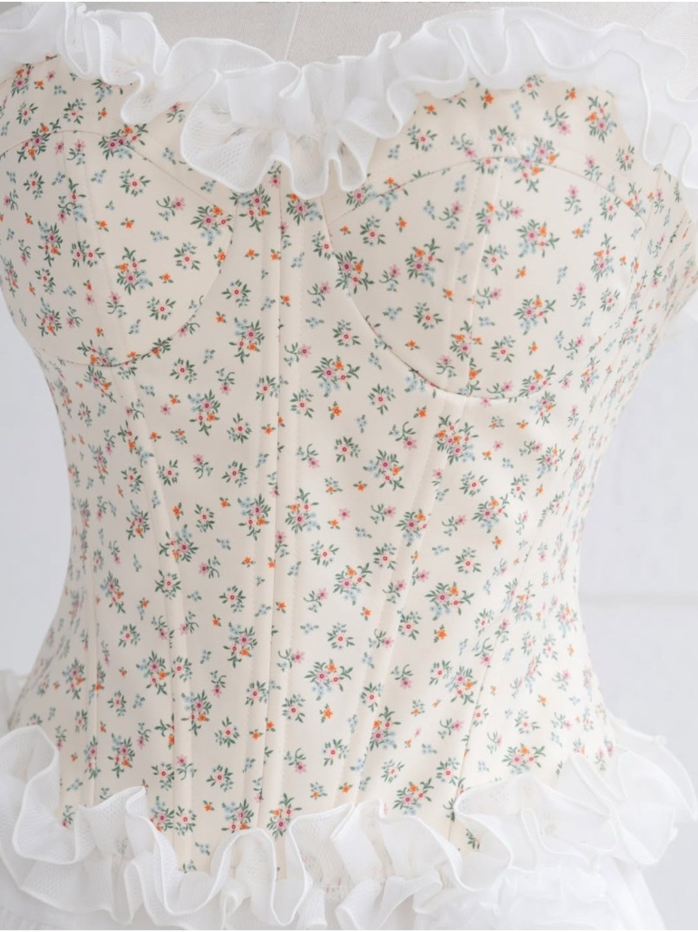 Floral Ruffle Corset Top in Cream with Pink & Green Accents